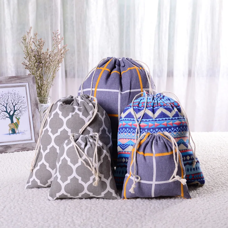 Printed Cotton and Linen Drawstring Storage Bag Linen Sundry Underwear Travel Gift Storage Bag
