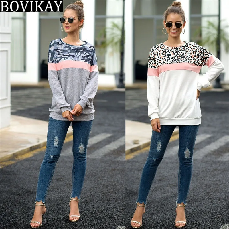 

Autumn 2019 New Womens Hoodies Camouflage Leopard Patchwork Pullover Lady Round Neck Long Sleeve Sweatshirt Harajuku Streetwear
