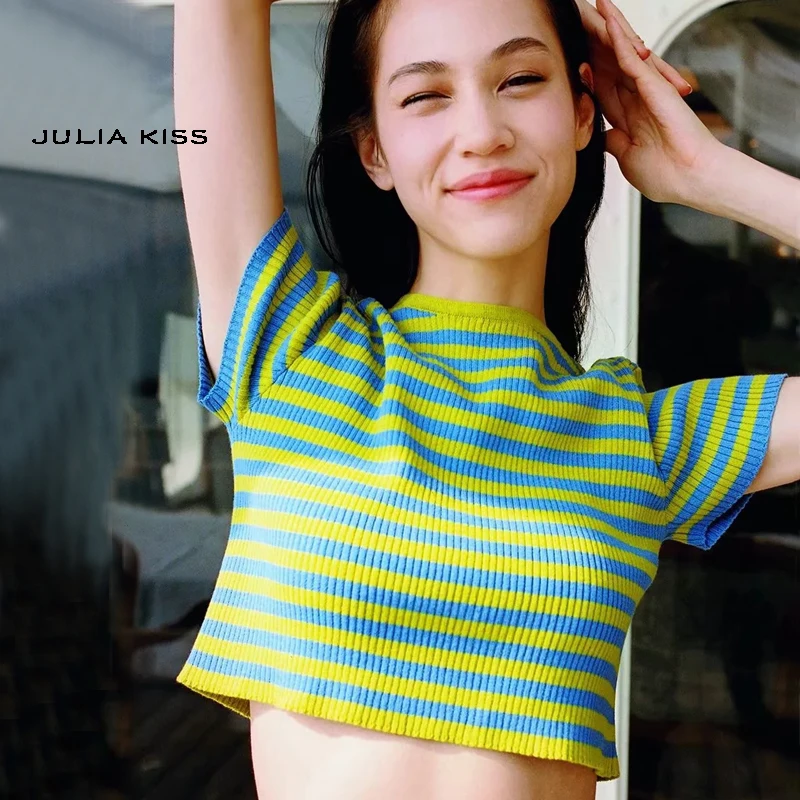 

Women Short Sleeve Stripe Knit Crop Top