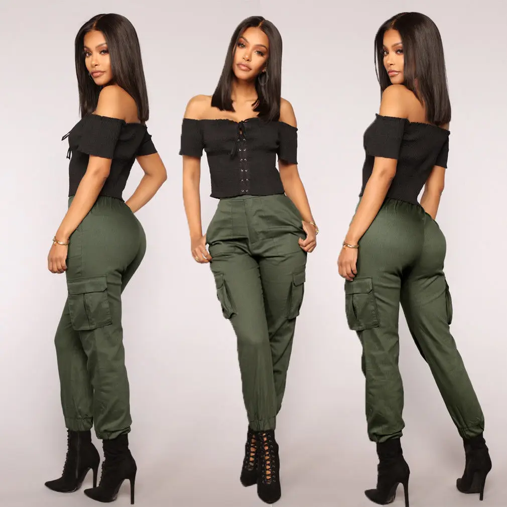 New Fashion Stretch Women Pants High Waist Cargo Ladies Pants Khaki Army Green Black Casual Long Trousers