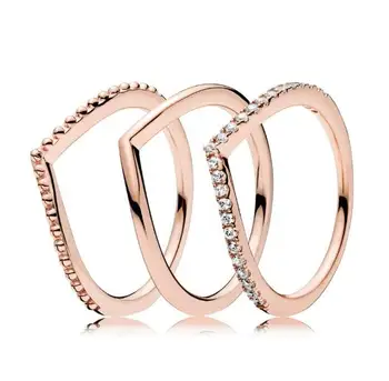 

Original 925 Sterling Silver Ring Rose Gold Wish Bone Ring Stack With Crystal For Women Wedding Party Gift Fashion Jewelry