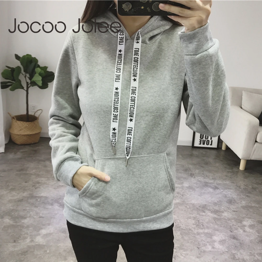 

Jocoo Jolee Women Kpop Harajuku Hoodies Casual Autumn Solid Pocket Warm Velvet Sweatshirts 2019 Ladies Top Coats Pullover