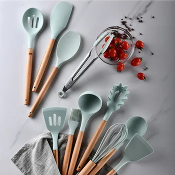 

Silicone Kitchenware Cooking Utensils Set Wooden Handle Non-stick Spatula Shovel Cooking Tool Baking Tools With Storage Box New
