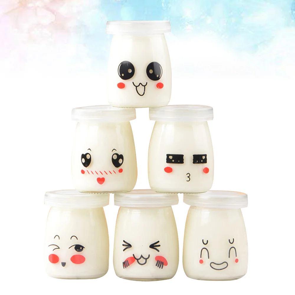

6pcs 150ml Facial Expression Pudding Bottles Face Heat-resistant Glass Jelly Yogurt Jar Containers (Random Pattern)