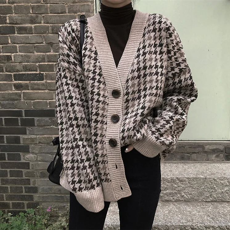 

Plaid Button Chunky Knit Cardigan Jersey Mujer Casual Autumn 2019 Winter Women Korean Style Knitted Cropped Vintage Jumper Pull