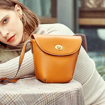 

Women's bags spring and summer new fashion leather cross-body bag wild top layer leather bucket bag