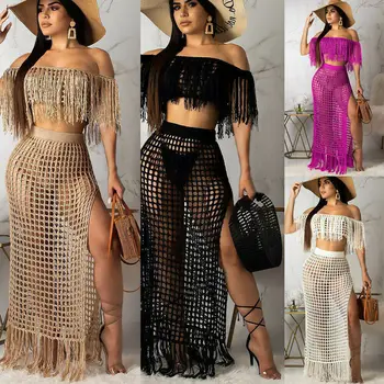 

Women Ladies 2 Piece Outfit Clothes Summer Beach Tassels Hollow Off Shoulder Crop Tops High Split Skirts Dress Set Solid S-XL