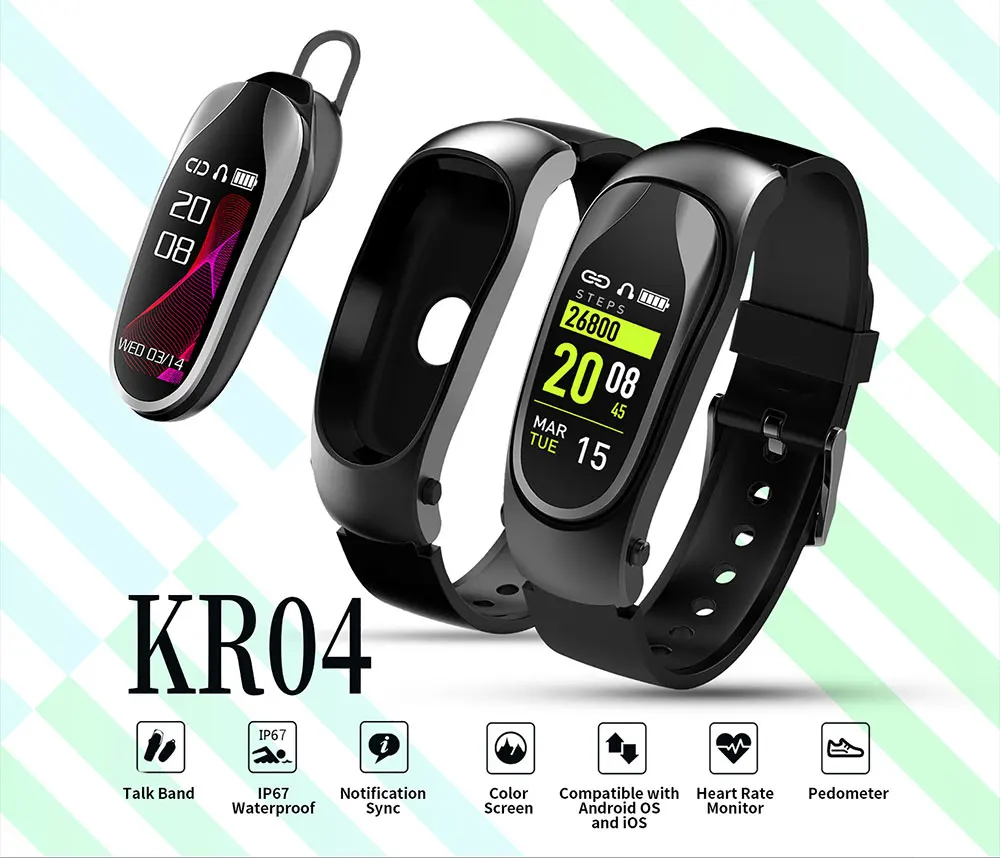

Quality KR04 Smart Watch Bracelet with Bluetooth Earphone Heart Rate Monitor Pedometer Sports Drive Call Music Smartwatch Band