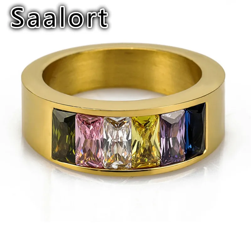 

Single Row Colorful Crystal Zircon Titanium Steel Ring Simple Style Design Male Finger Jewelry Accessory Birthday Gift