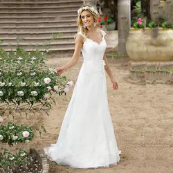 2019 Vestido De Noiva простое белое кружевное пляжное свадебное платье, пояс с аппликацией, ТРАПЕЦИЕВИДНОЕ свадебное платье с коротким шлейфом