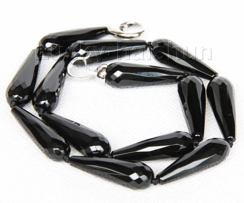 

17" 10*30mm Faceted Drip Black Agates Beads Strand Knotted Necklace J9753
