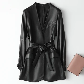 

Black Faux Leather Jackets For Women Deep V-neck Belt Autumn Spring Pu Leather Jacket Women 2020 Soft Leather Coat