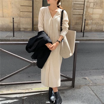 

WAVSIYIER women cardigan sweater dress vintage korean solid apricot v neck knitted thick loose single breasted midi dress female