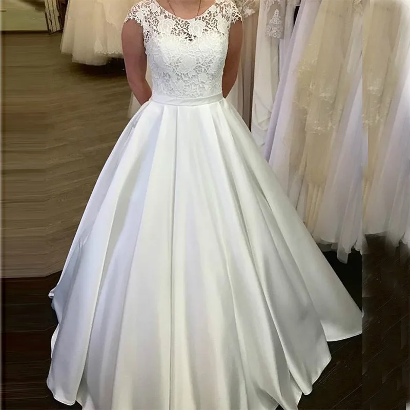 

Fashion High Neck Ball Gown Satin Wedding Dresses Robe De Mariee Charming Lace Bodice Floor-Length Formal Bride Dress Plus Size