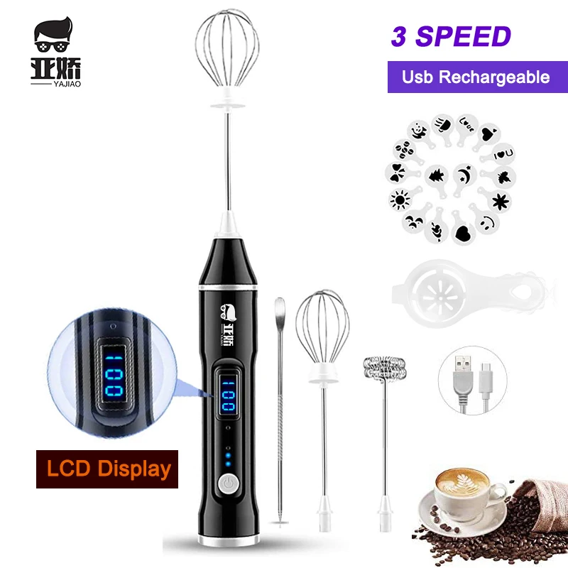 YAJIAO LCD Display Milk Frother Electric Handheld  Blender Usb Rechargeable 3-Speed Mixer for CoffeeEgg Milk Latte Cappuccino