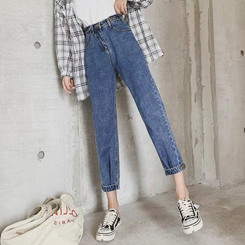 

Korean Style Plus Size Jeans High Waist New Pockets Loose Blue Denim Jeans Womens All-match Casual Jean Femme Ankle-Length Pants