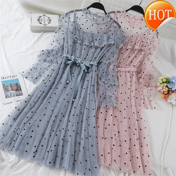 

Spring New Fashion Women Flare Dot Sleeve Dresses Summer Two Piece Slim Mesh Dress Long Sexy Dress Clothing Vestidos