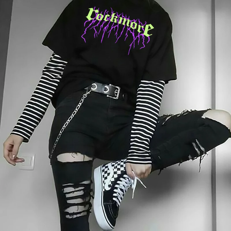 Camisetas estilo coreano para mujer, blusas estampadas informales, tops de estética gótica harajuku Punk negra, ropa kawaii para mujer|Camisetas| -