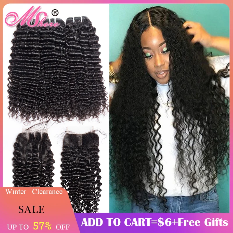 Offerte Mshere 4 pz lotto Peruviano Profonda Ricci Dell onda 3 Bundle Con Chiusura Non Parte Veletta nella chiusura Con Capelli Umani di Remy Dei Capelli di Trasporto fasci di 1B #