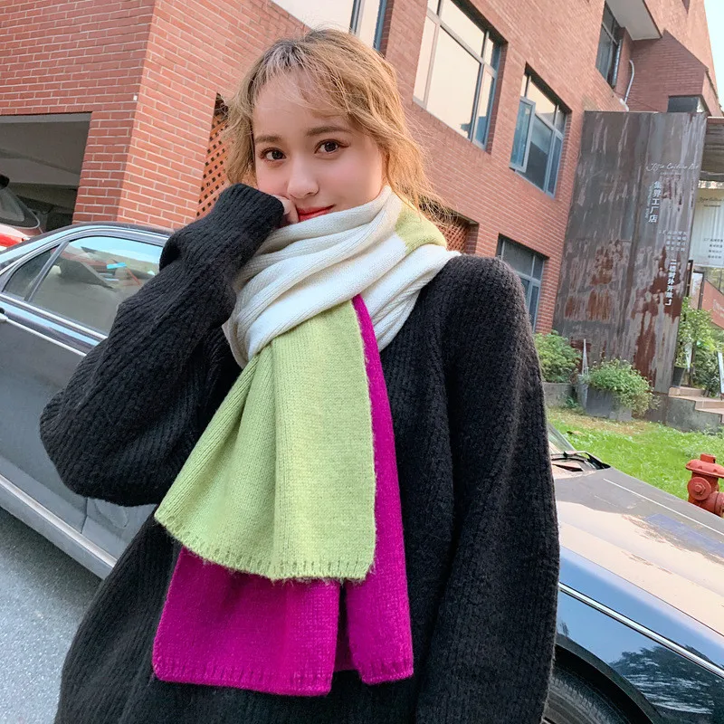 Korean Plaid Patchwork Female Scarves Rainbow Colorful Winter Knitted Scarf for Women