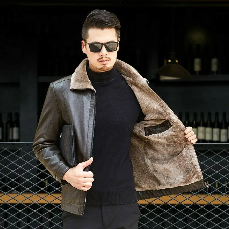Для мужчин зимняя куртка теплая кожаная куртка Slim Fit из овечьей шерсти с отложным воротником на молнии дубленка C030