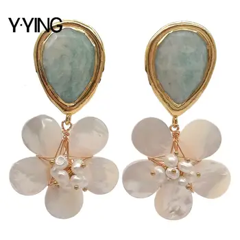 

Y·YING Teardrop Green Amazonite White Mop Pearl Flower Dangle Stud Earrings