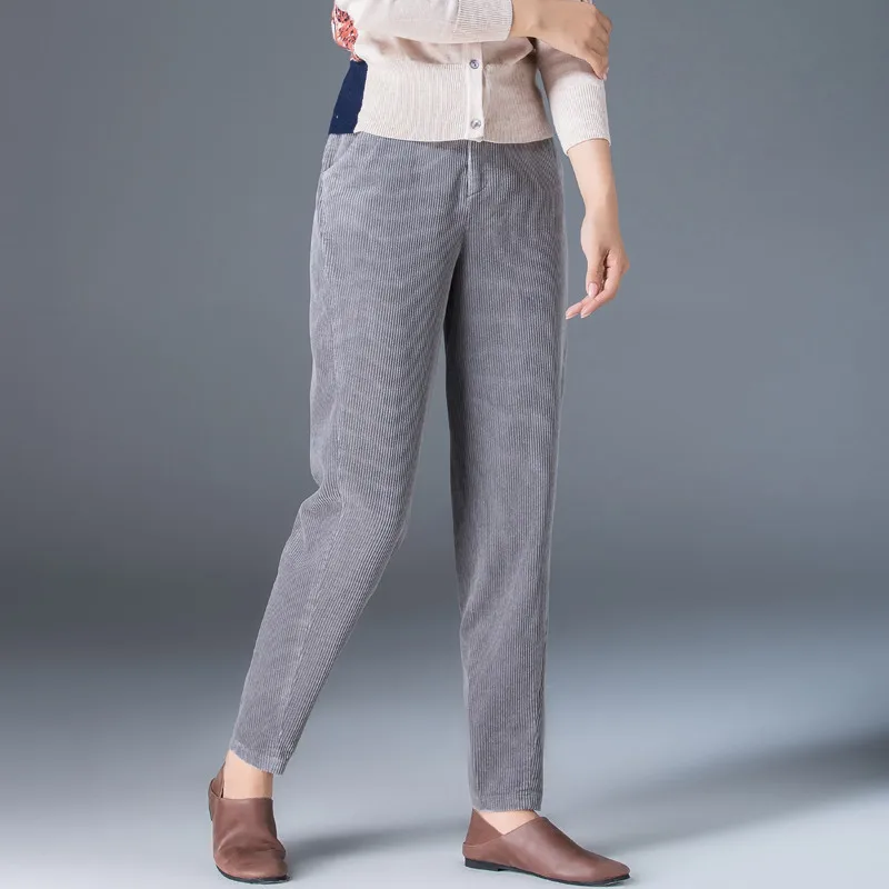 Вельветовые брюки женские осенние с высокой талией шаровары Pantalon Femme размера плюс повседневные брюки женские черные серые брюки C5759 - Цвет: gray long pants