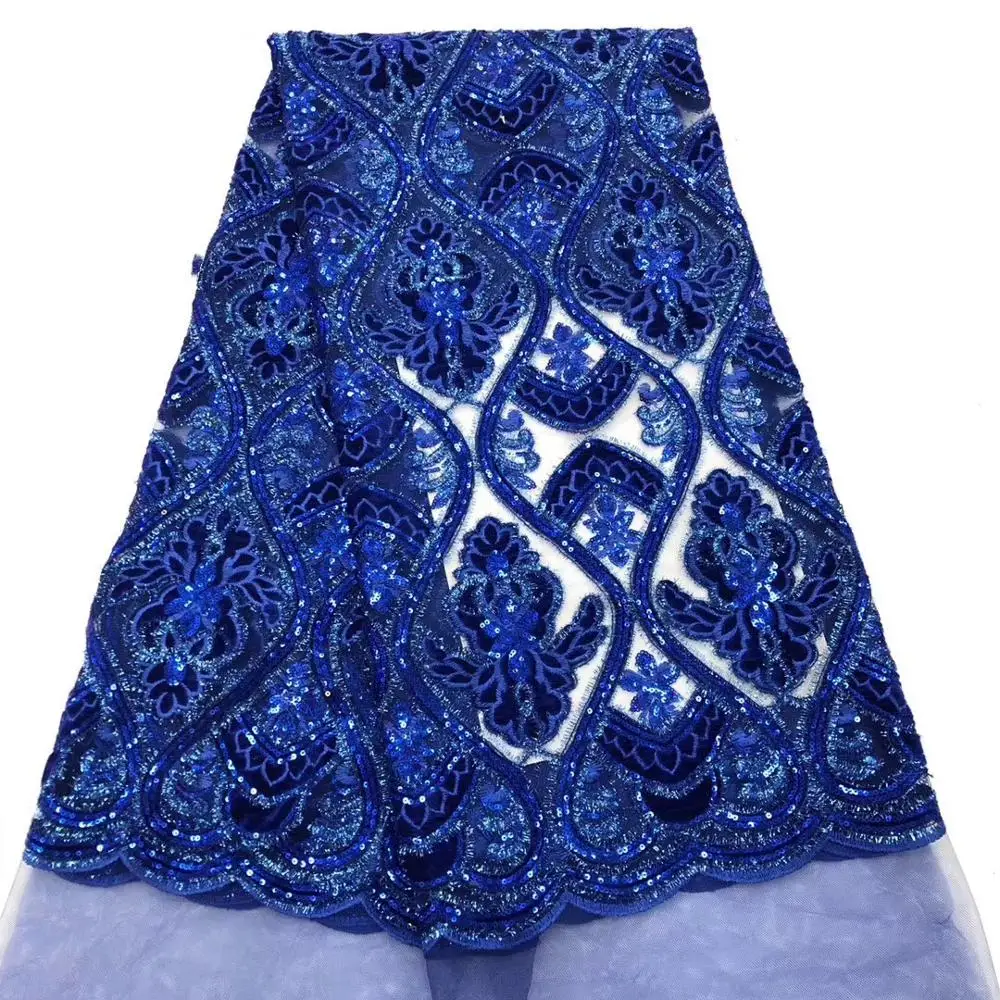 

French lace fabric 5yds/pce royal blue sequins mesh fabrics women gorgeous luxury lagos party event asoebi dress 2020