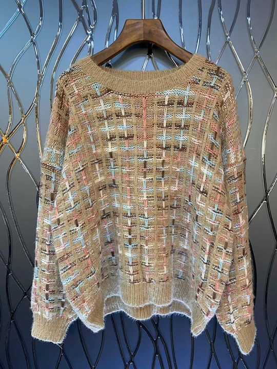 Early autumn new women's round collar Plaid knitted decorative loose-sleeved sweater knitted shirt 1004