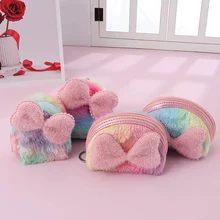 Зимний цветной плюшевый Кошелек с бантиком для монет, милый чехол, сумка для денег, школьный держатель для карт, брелок для ключей, кошелек для монет, подарок для девочки и дочери