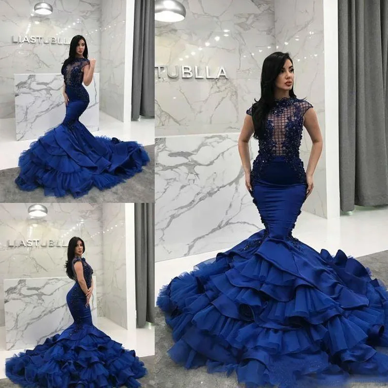 New Mermaid Prom Dresses 2019 Royal Blue Evening Gowns Lace Applique Tiered Ruffles Beaded Robe de soiree Formal Party Dress | Свадьбы и