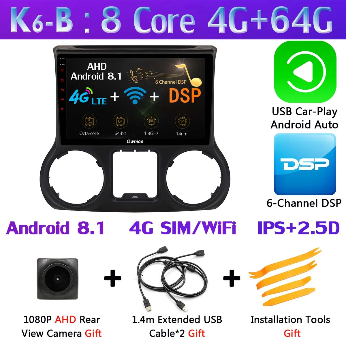 Панорамная камера 360 ° 4G LTE WiFi Android 9,0 4+ 64G gps CarPlay SPDIF DSP автомобильный Радио плеер для Jeep Wrangler 3 JK 2011 - Цвет: K6-B-CarPlay