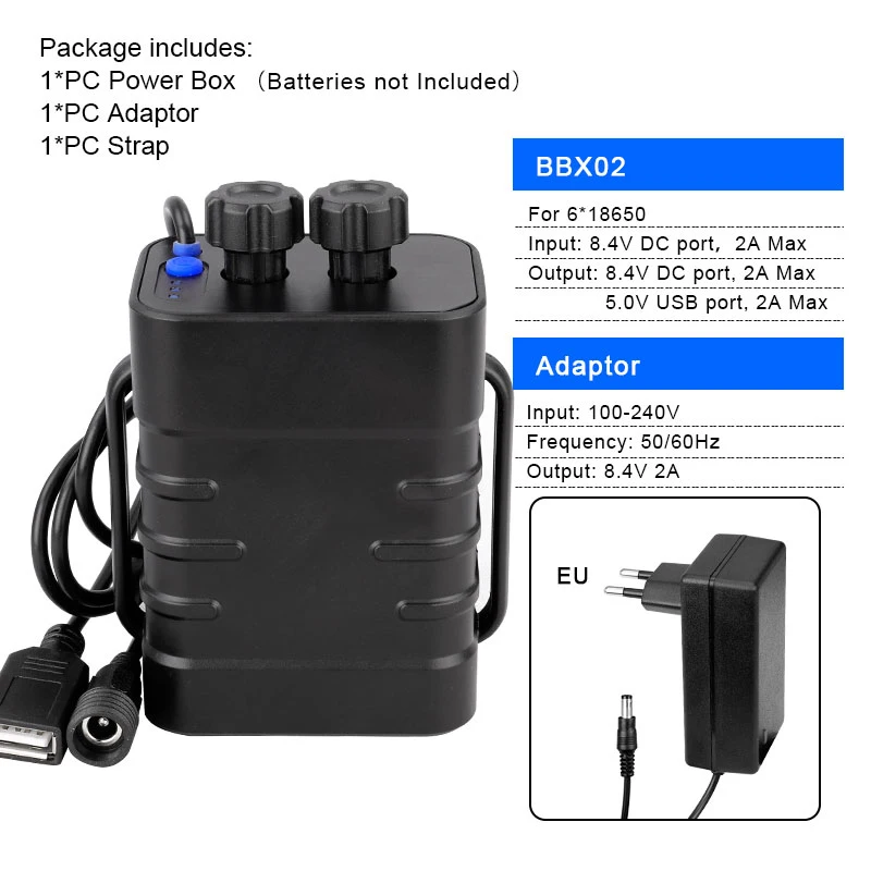 6X18650 N EU Adaptor Deemount двойной Напряжение Выход 8,4 V 5 V, велосипедная фара, высокомощный Мощность коробка для 2/4/6 18650/26650 батареи W/ремень Дополнительный 100-240V для адаптера переменного тока - Цвет: 6X18650 N EU Adaptor