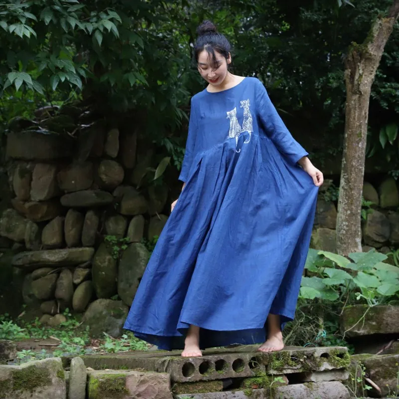 Vintage New Women Top Quality Cotton Linen Maxi Long Dress Ankle Length Handmade Plant Dyeing Kawaii Cat Printed Loose Fit Dress