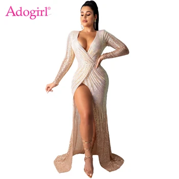 

Adogirl Fashion Sexy Sequins Maxi Evening Party Dress Wrap V Neck Long Sleeve High Slit Robe Long Banquet Dresses Club Vestidos