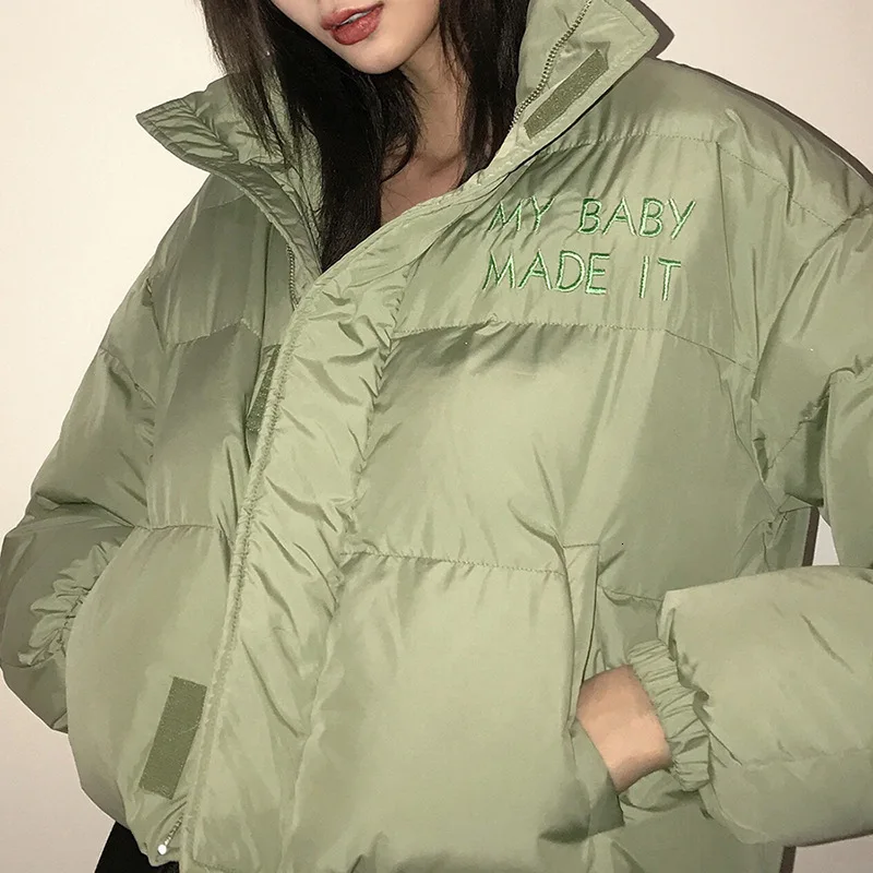 Женская укороченная куртка-бомбер большого размера с вышивкой, Модный Зимний толстый теплый зеленый пуловер, пальто, женская Повседневная Свободная верхняя одежда на молнии