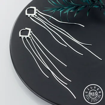 

925 Sterling Silver Statement Long Tassel Hoops Piercing Earrings Geometric Shape Ear Rings Fine Jewelry for Women Lady