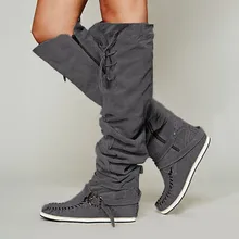 Модные женские ботинки; удобная обувь из флока на плоской подошве с круглым носком на шнуровке; Сапоги выше колена на молнии; модная обувь для отдыха