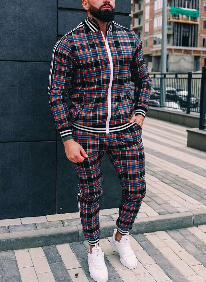 New Zipper Set Colorful Plaid Men Casual Autumn Tracksuit Set Male Sweatshirt Pocket Fashion Jackets Men Tracksuit Sets Mens set