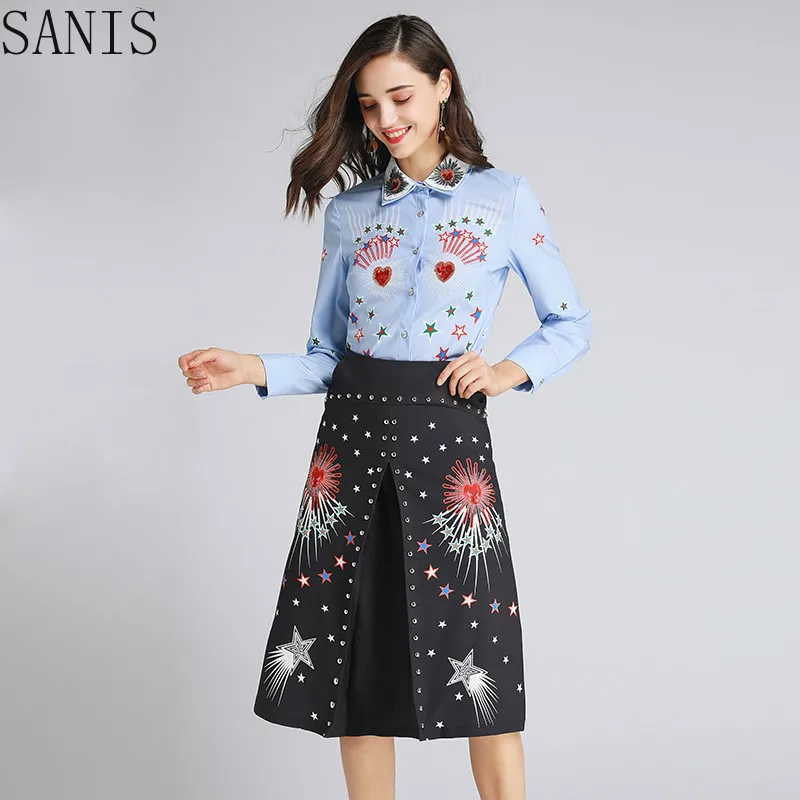 

SANIS Ruway Printed Office Lady Twinset Luxury Beading Collar Sequined Blue Shirt Tops + Black Star Print Mid-Calf Skirt Set