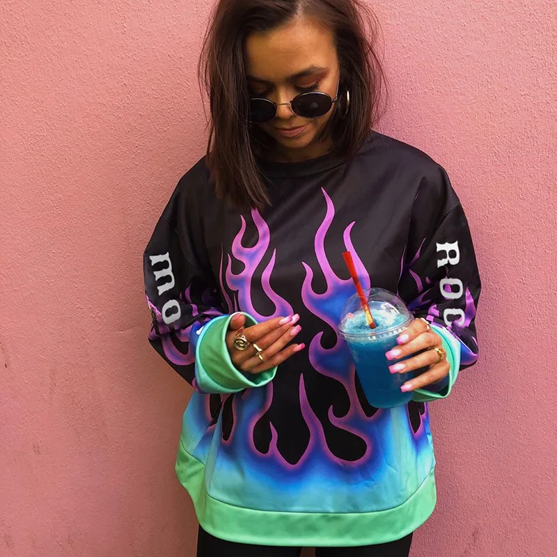 GBYXTY Strweetwear с принтом пламени, Повседневная Толстовка, новинка, Осень-зима, круглый вырез, длинный рукав, Harajuku, толстовки, женские пуловеры, ZA1804