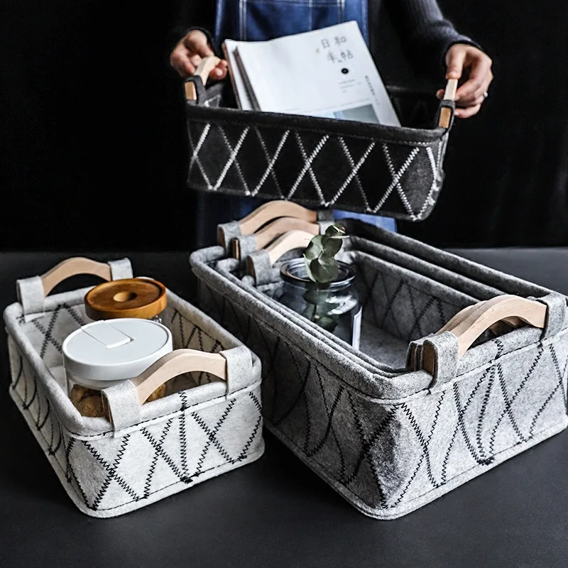 

Felt Cloth Desktop Storage Basket with Handles Simple Sundries Organizer Frame Seasoning Finishing Box Home Storage Decor Tool