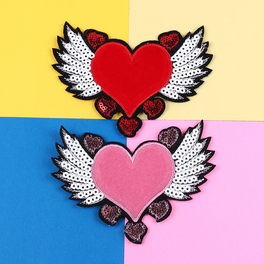 Wings Clothes Sticker Jacket DIY Applique Red Love Heart Sew On Embroidery Sequin Patches Apparel Sewing Fabric Decor | Дом и сад