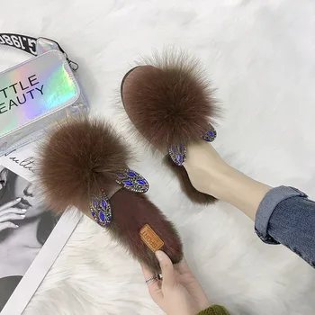 

F Women'S Loafers Slippers Shoe Fox Fur Home Plush Rabbit Luxury Espadrilles Cotton Winter Ladies Slip On Shoes For Women Female