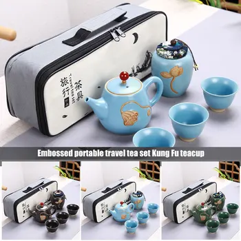 

Portable Chinese Tea Set Ceramic Teapot Leaves Jar 3 Porcelain Tea Cups with Carrying Case HY99