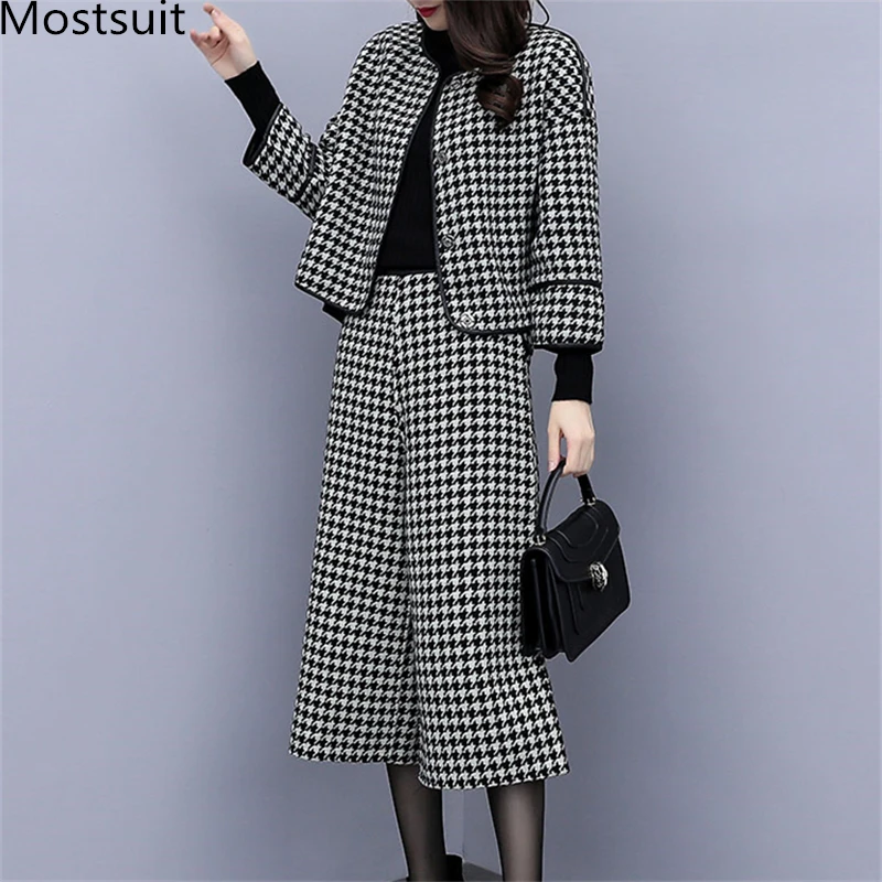 

2019 Autumn Winter Houndstooth Two Piece Sets Outfits Women Woolen Coat And Cropped Wide Leg Pants Suits Office Elegant Sets