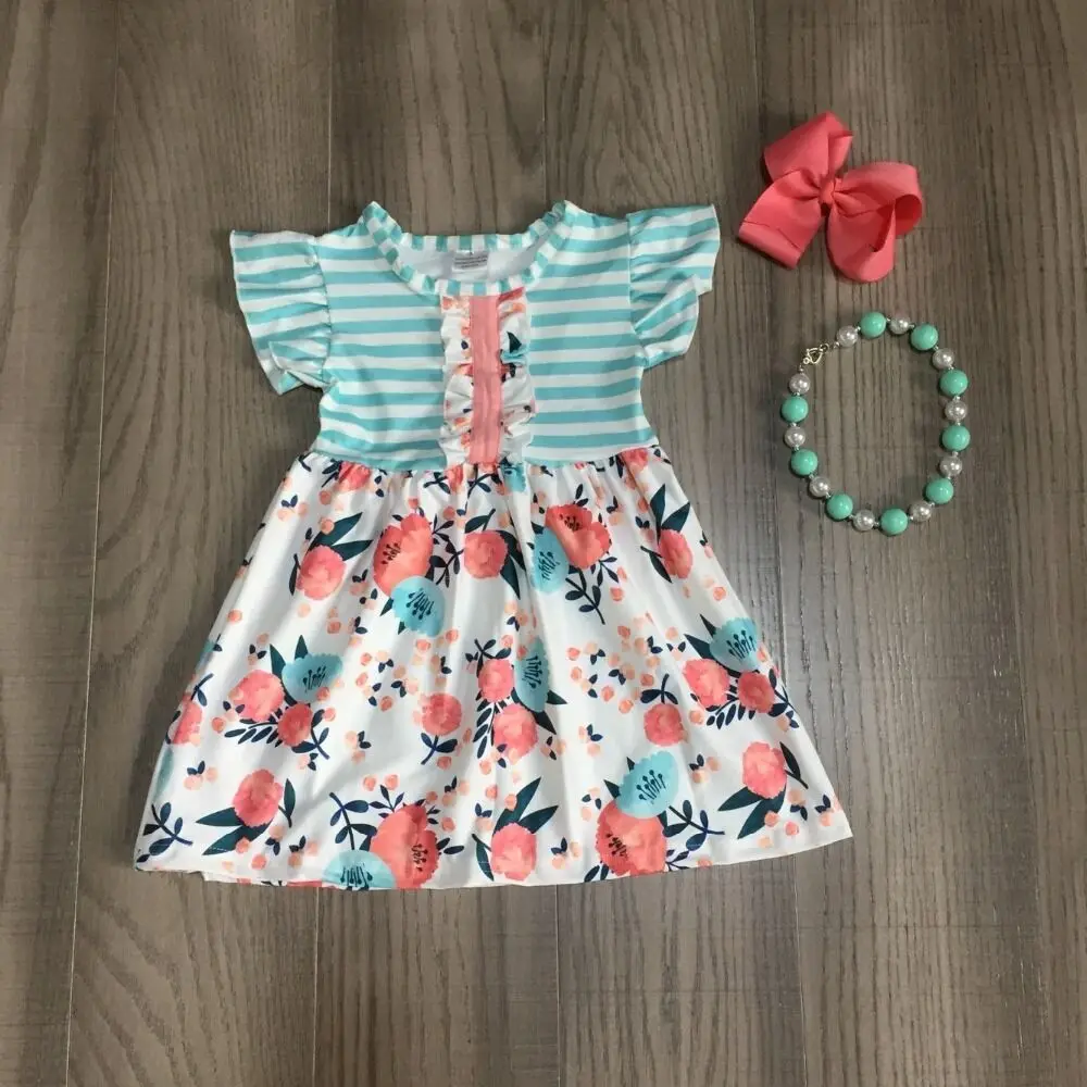 Robe d'été en coton pour petites filles | Motif floral, tenue à rayures, pour enfants, tenue classique de jardin, avec accessoires