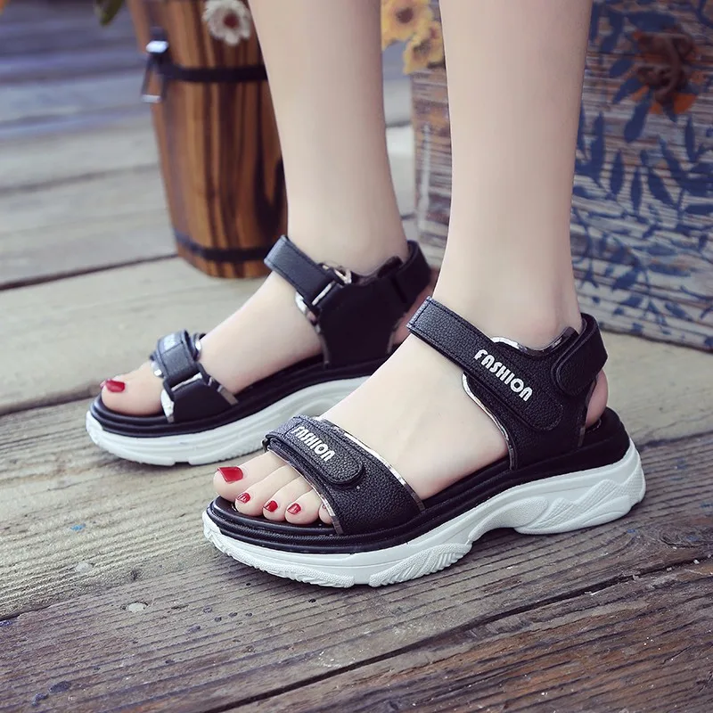 

2019 Summer New Style Korean-style Velcro Semi-high Heeled Casual Students Sandals Women's Versatile Anti-slip Platform Heel San