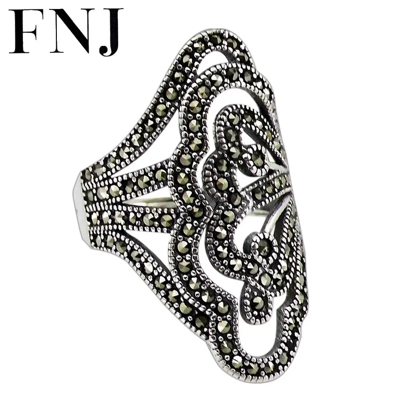 FNJ 925 Серебряное кольцо эффектный цветок Марказит S925 стерлингового серебра кольца для женщин ювелирные изделия регулируемый размер