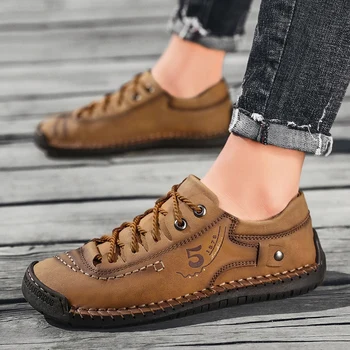 

2020 new hand stitched men's casual shoes British leather shoes with breathable large size men's shoes